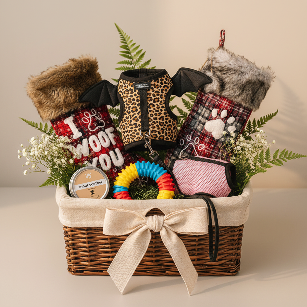 Gift basket with leopard dragon harness, stockings, ferret harness, snout soother
