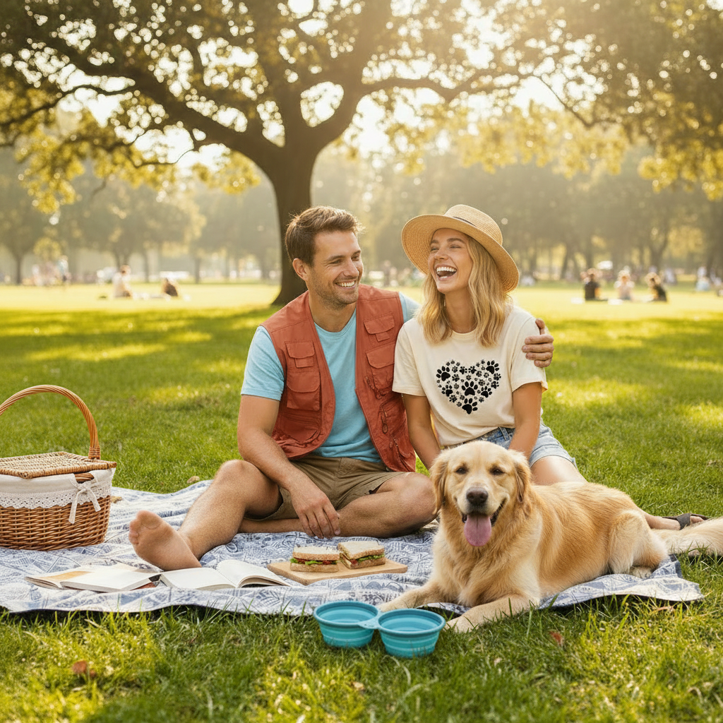 Picnic with rust vest and paw print tee