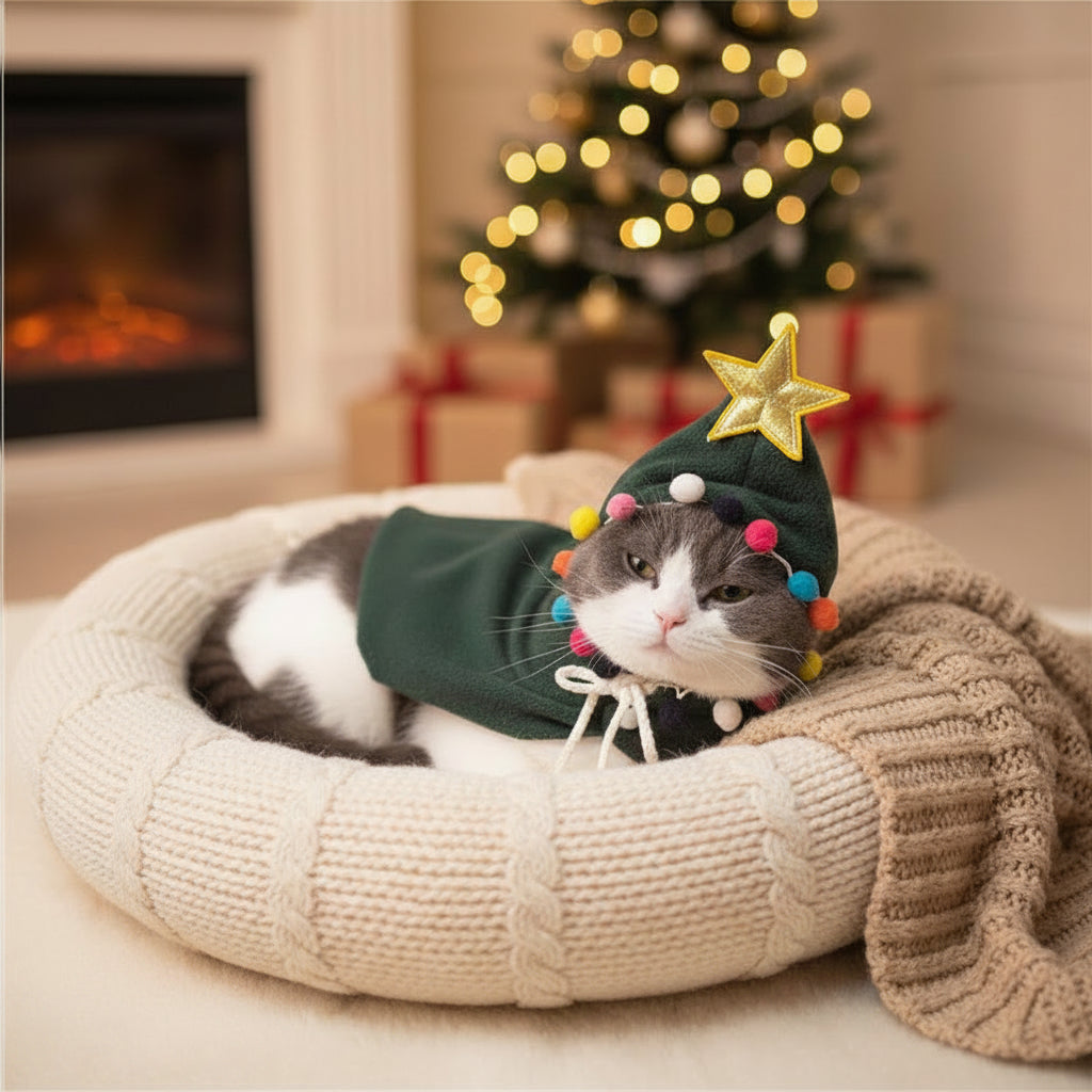 Cat wearing Christmas tree cape costume - festive holiday pet clothing