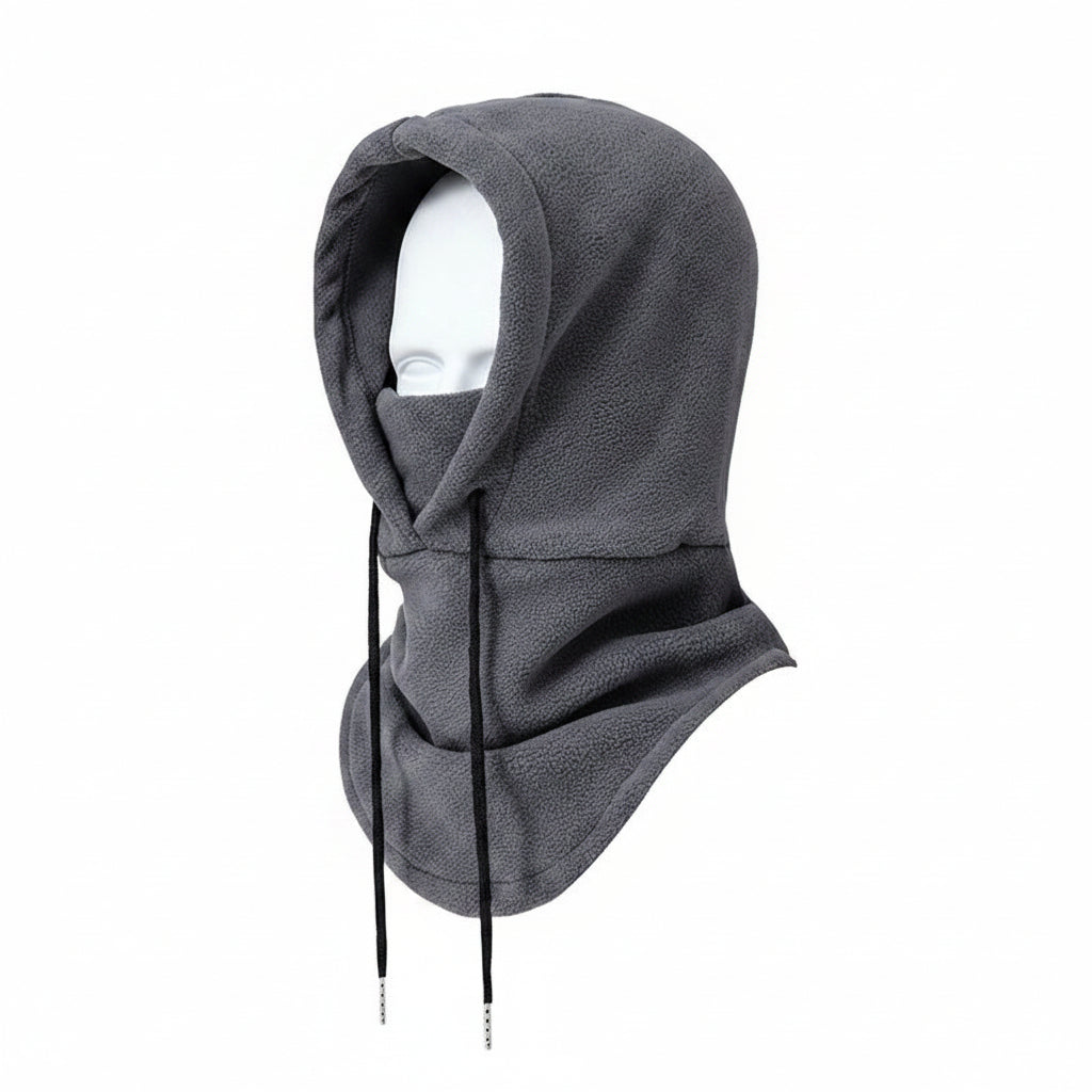 Polar fleece balaclava worn as ski hat, neck warmer, and face mask - collapsible winter outdoor accessory