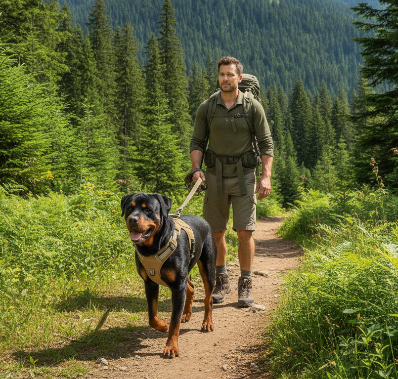 A man hiking on a forest trail with a Rottweiler dog wearing a matching tan harness, with dense evergreen trees and mountains in the background.