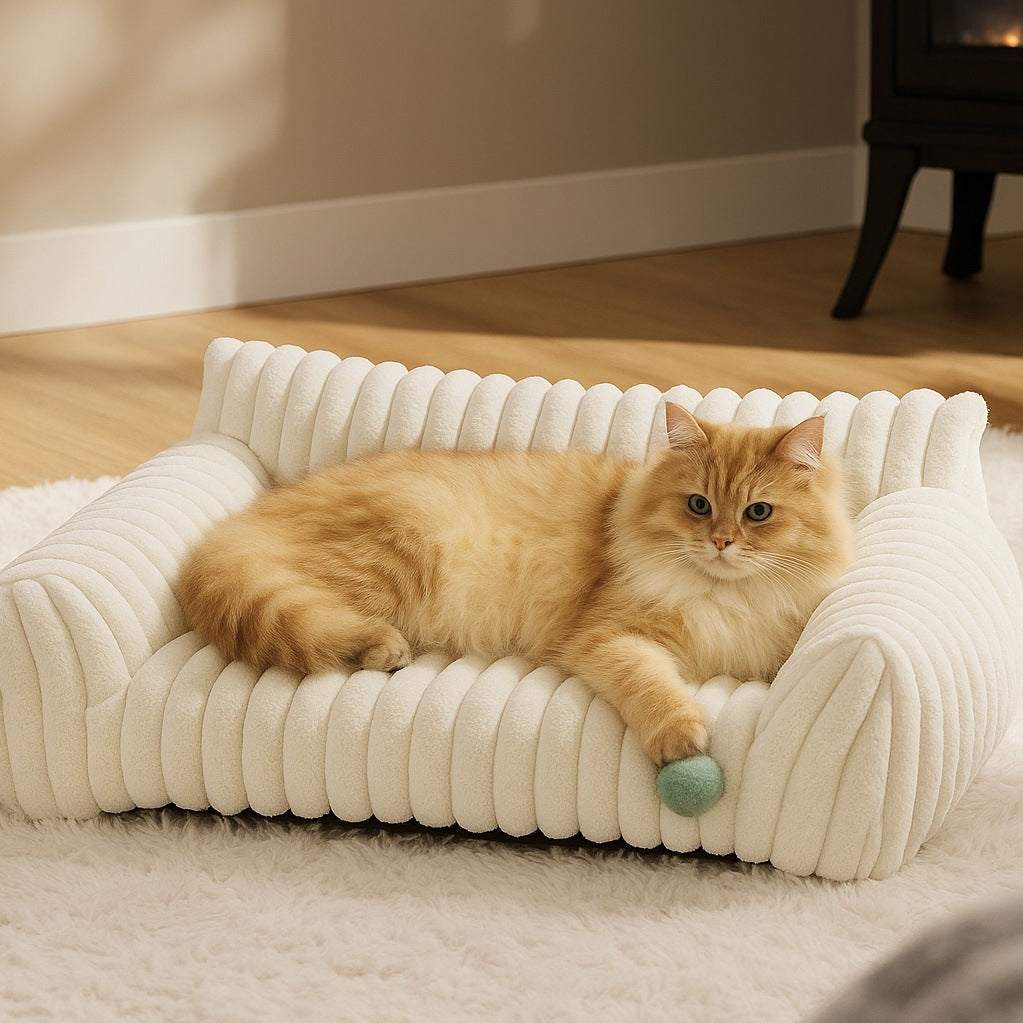 MEWFUN plush pet sofa bed with bolstered edges and machine-washable removable cover
