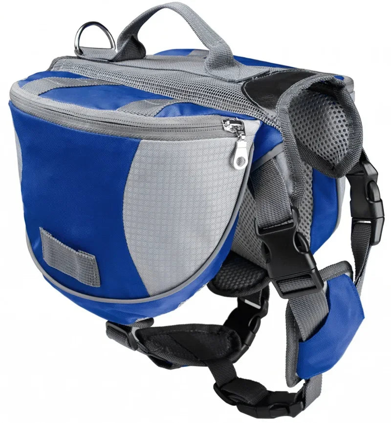 Blue and gray dog harness backpack on a white background