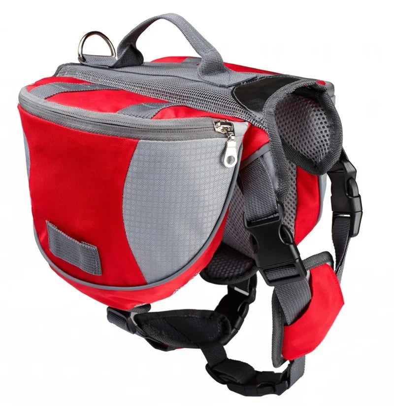 Red and gray dog harness backpack on a white background