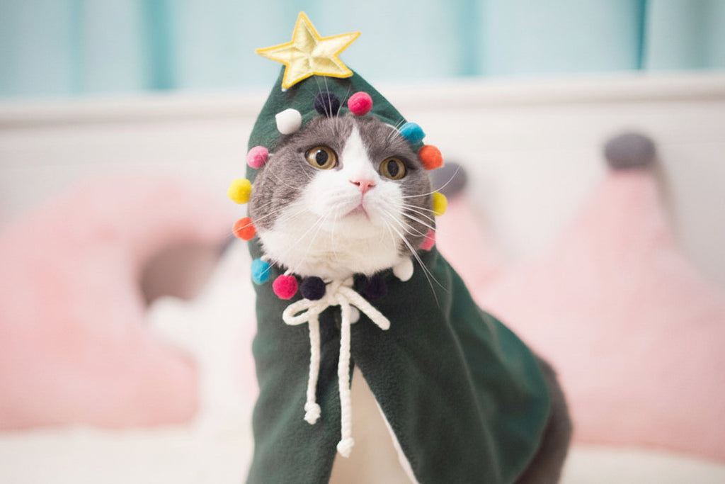 Cat wearing Christmas tree cape costume - festive holiday pet clothing