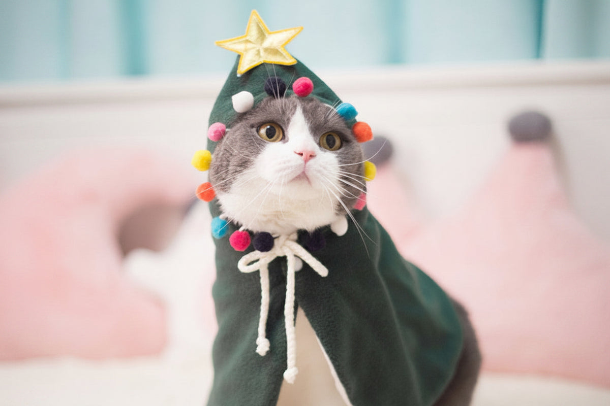 Cat wearing Christmas tree cape costume - festive holiday pet clothing