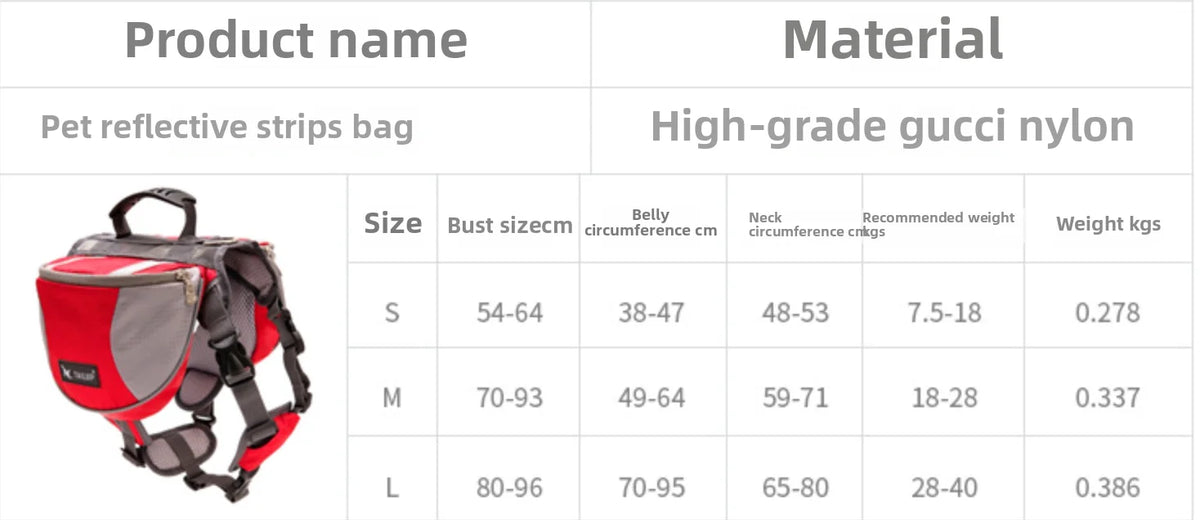 Pet reflective backpack with size chart and material details on a white background