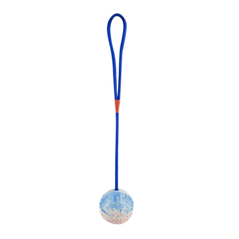 Natural rubber dog ball on rope for fetch and tug training - White colour