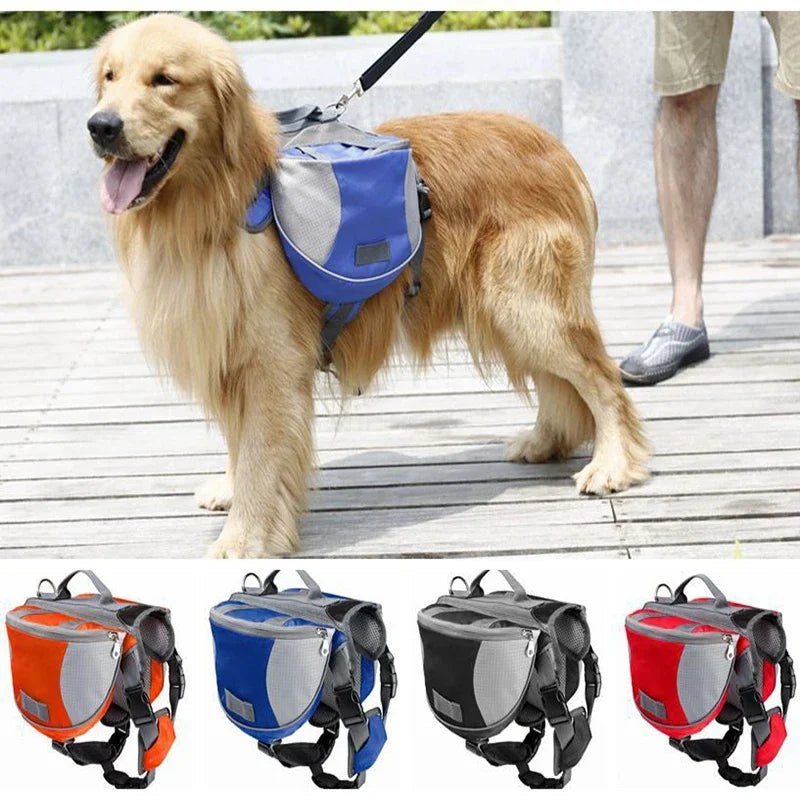Dog wearing a blue backpack with additional backpacks displayed below on a wooden deck.