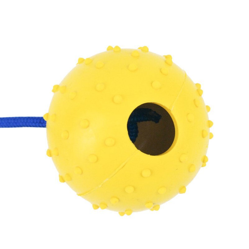 Natural rubber dog ball on rope for fetch and tug training - Yellow colour