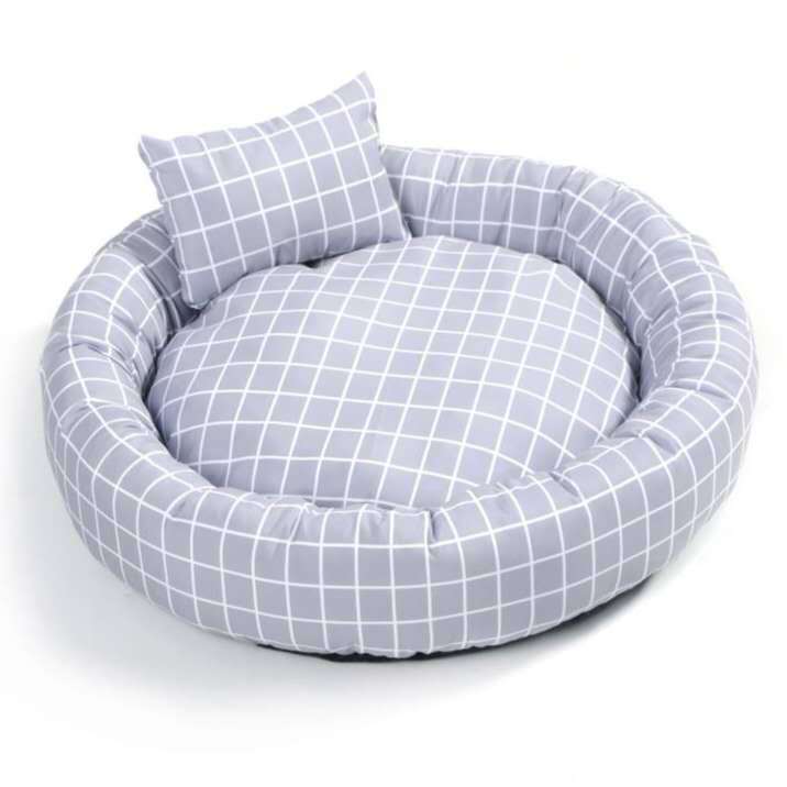 Cozy winter plaid round pet nest with pillow for cats and dogs - Grey