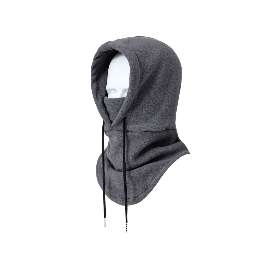 Polar fleece balaclava worn as ski hat, neck warmer, and face mask - collapsible winter outdoor accessory