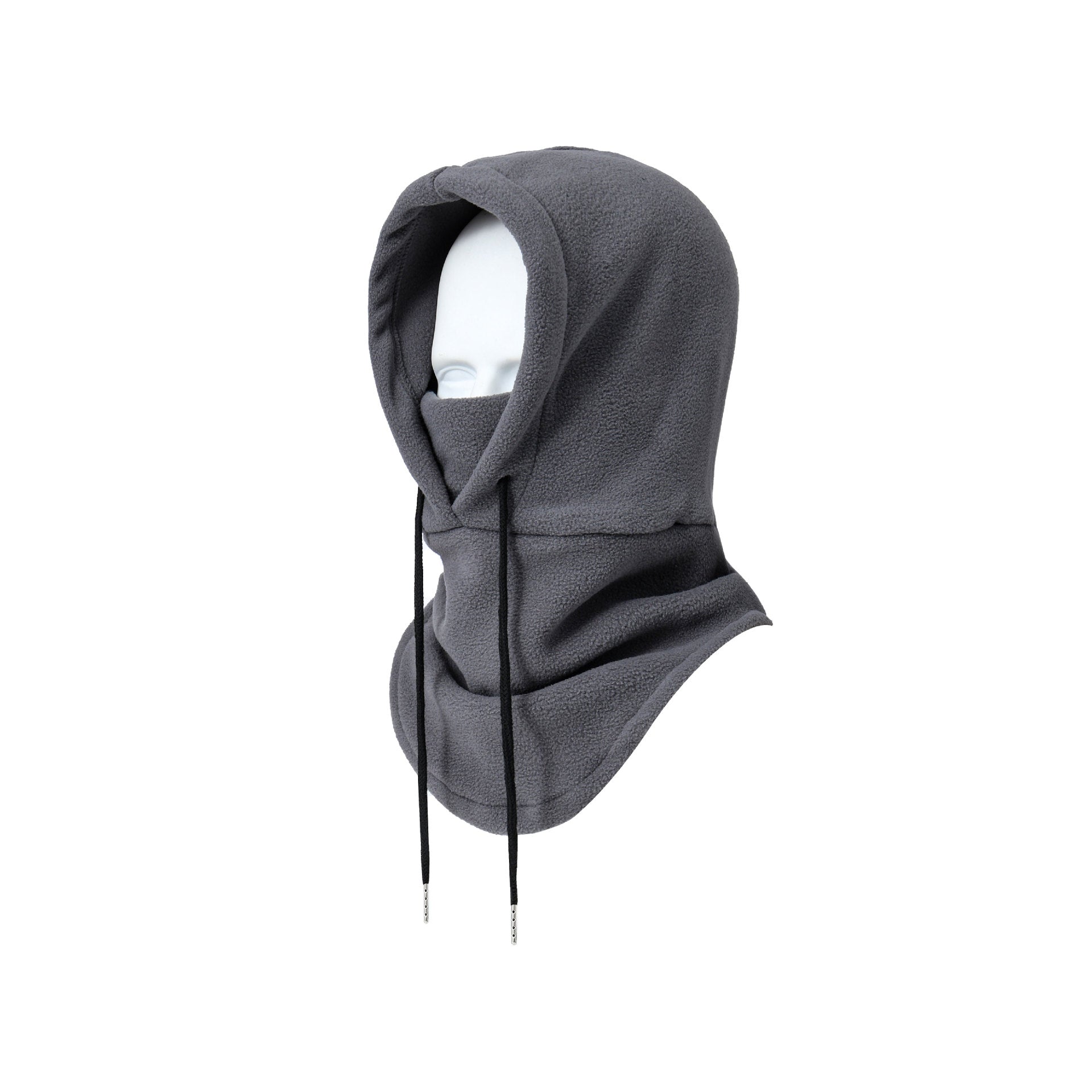 Polar fleece balaclava worn as ski hat, neck warmer, and face mask - collapsible winter outdoor accessory