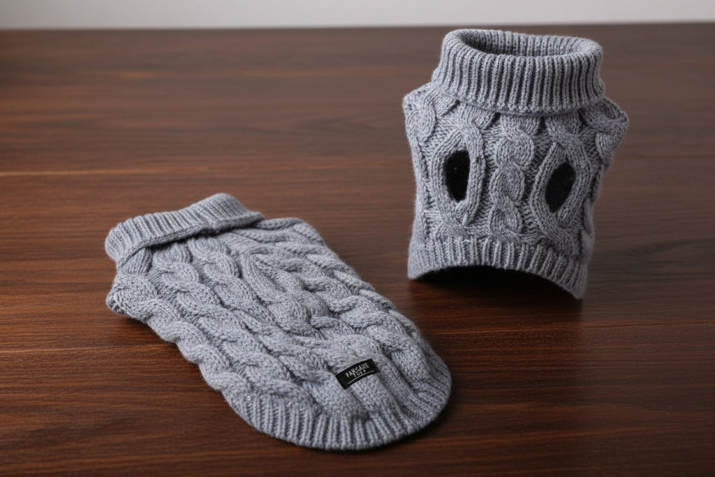 EXTRA WARM DOG AND CAT CABLE KNIT SWEATER - GREY
