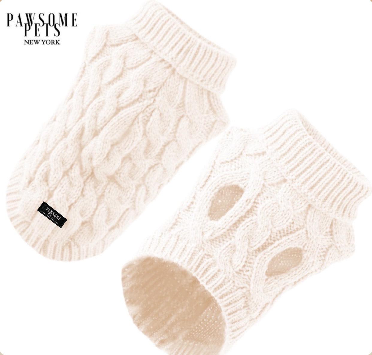EXTRA WARM DOG AND CAT CABLE KNIT SWEATER - WHITE