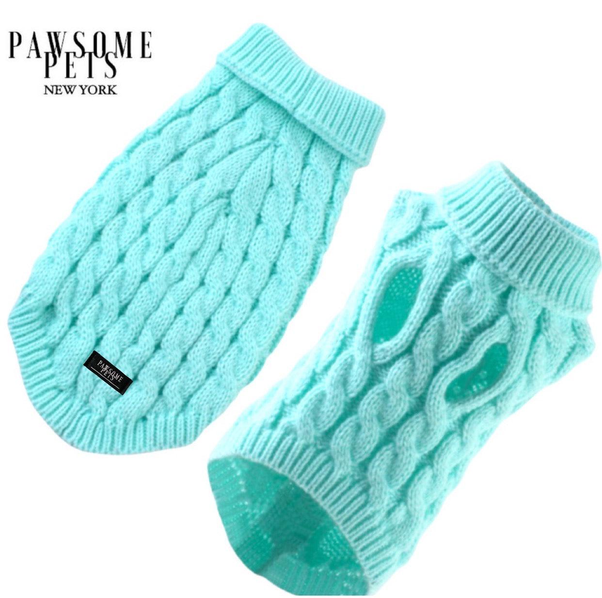 EXTRA WARM DOG AND CAT CABLE KNIT SWEATER - MINT GREEN