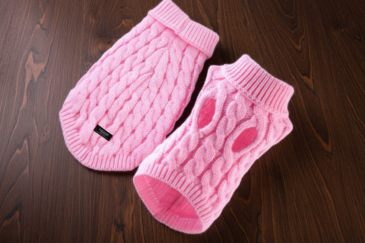 Extra Warm Dog & Cat Cable Knit Turtleneck Sweater - Pink