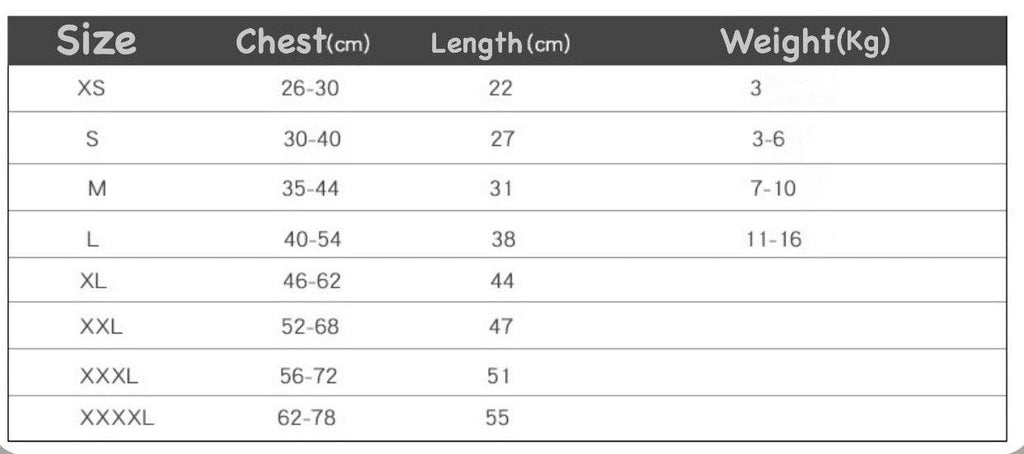 Size chart for merchandise