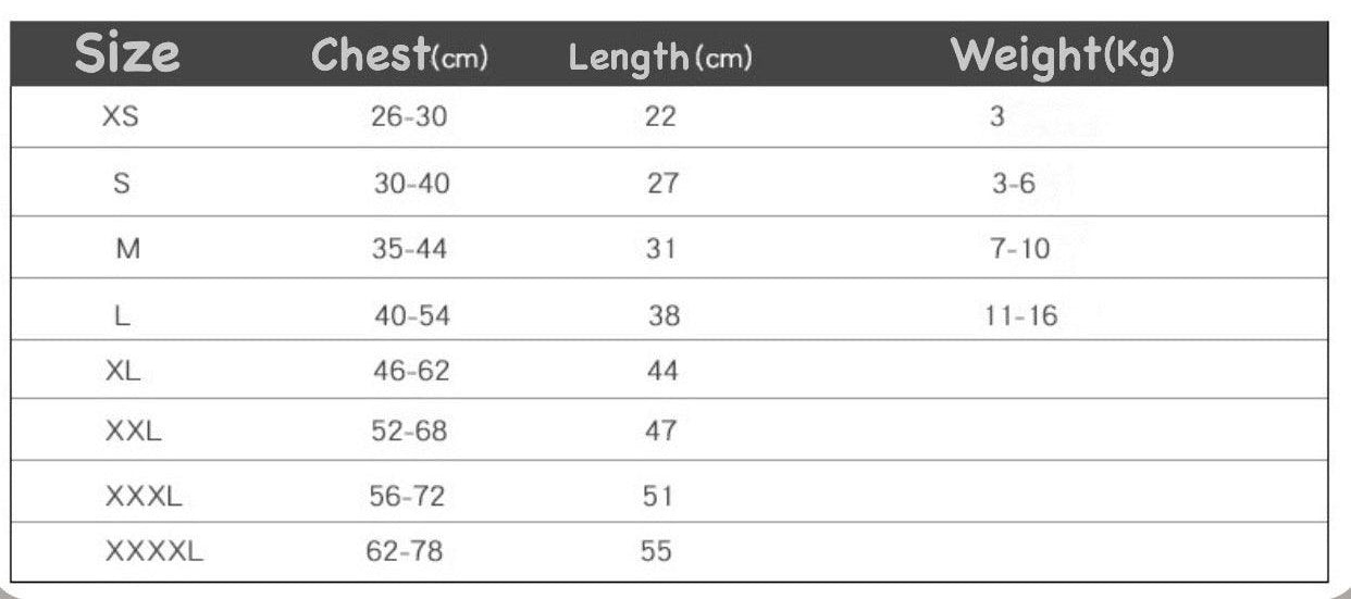 Size chart for merchandise