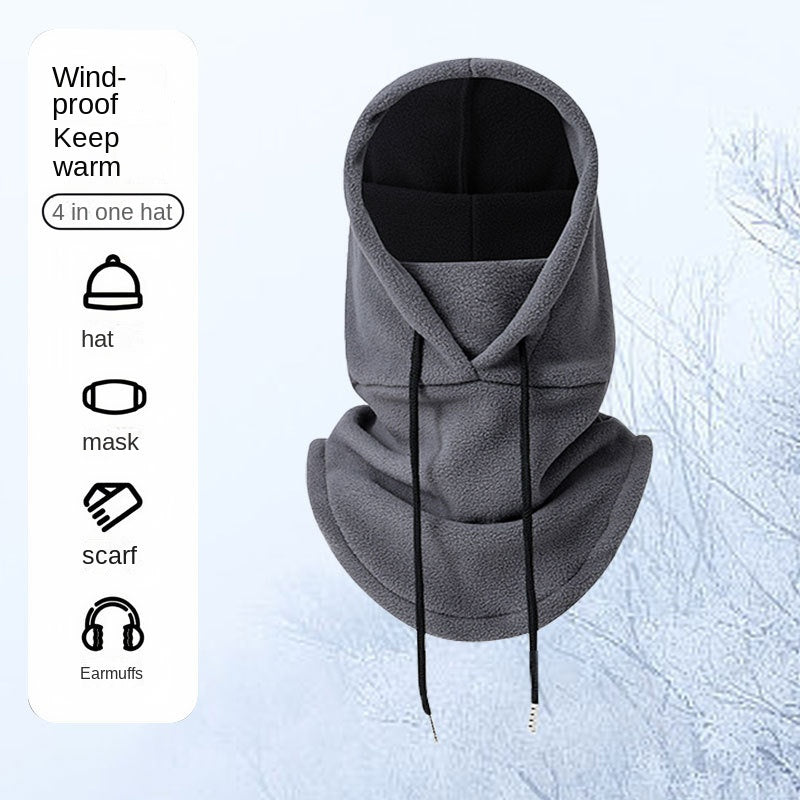 Polar fleece balaclava worn as ski hat, neck warmer, and face mask - collapsible winter outdoor accessory
