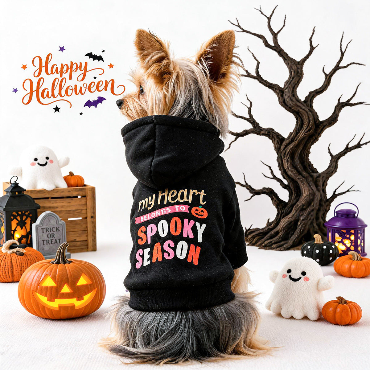 Halloween embroidered hoodie costume for small dogs and cats - black spooky design