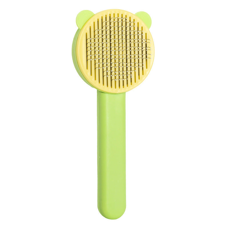 Self-cleaning bear-shaped pet grooming needle comb for cats and dogs -Green Yellow