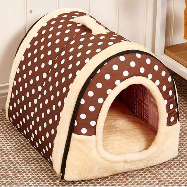 Detachable fabric pet kennel bed for cats and dogs - Coffee Polka Dots pattern