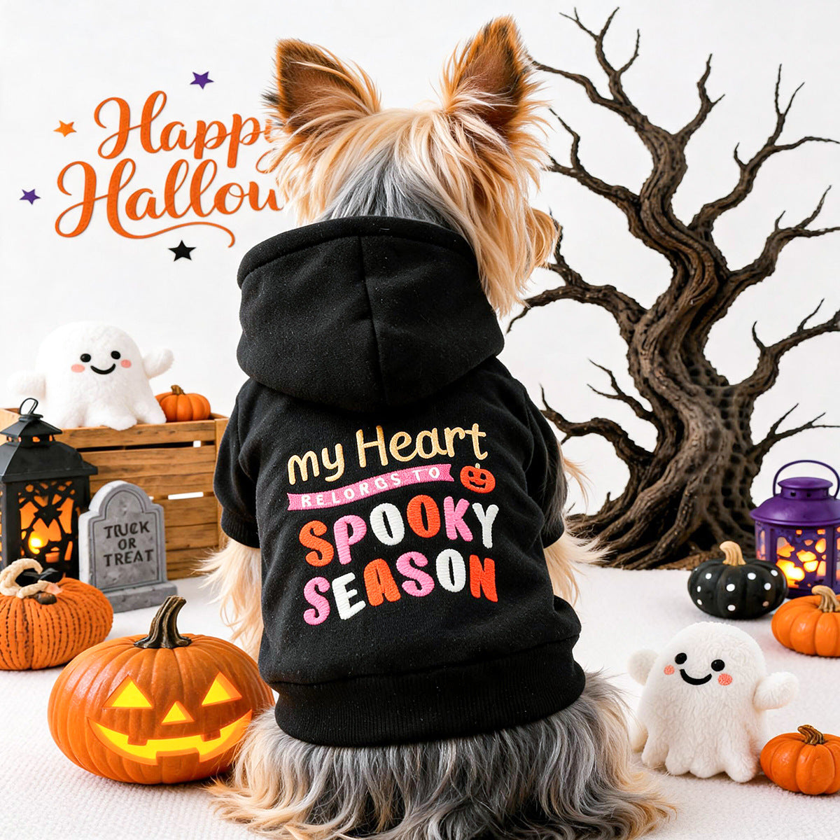 Halloween embroidered hoodie costume for small dogs and cats - black spooky design