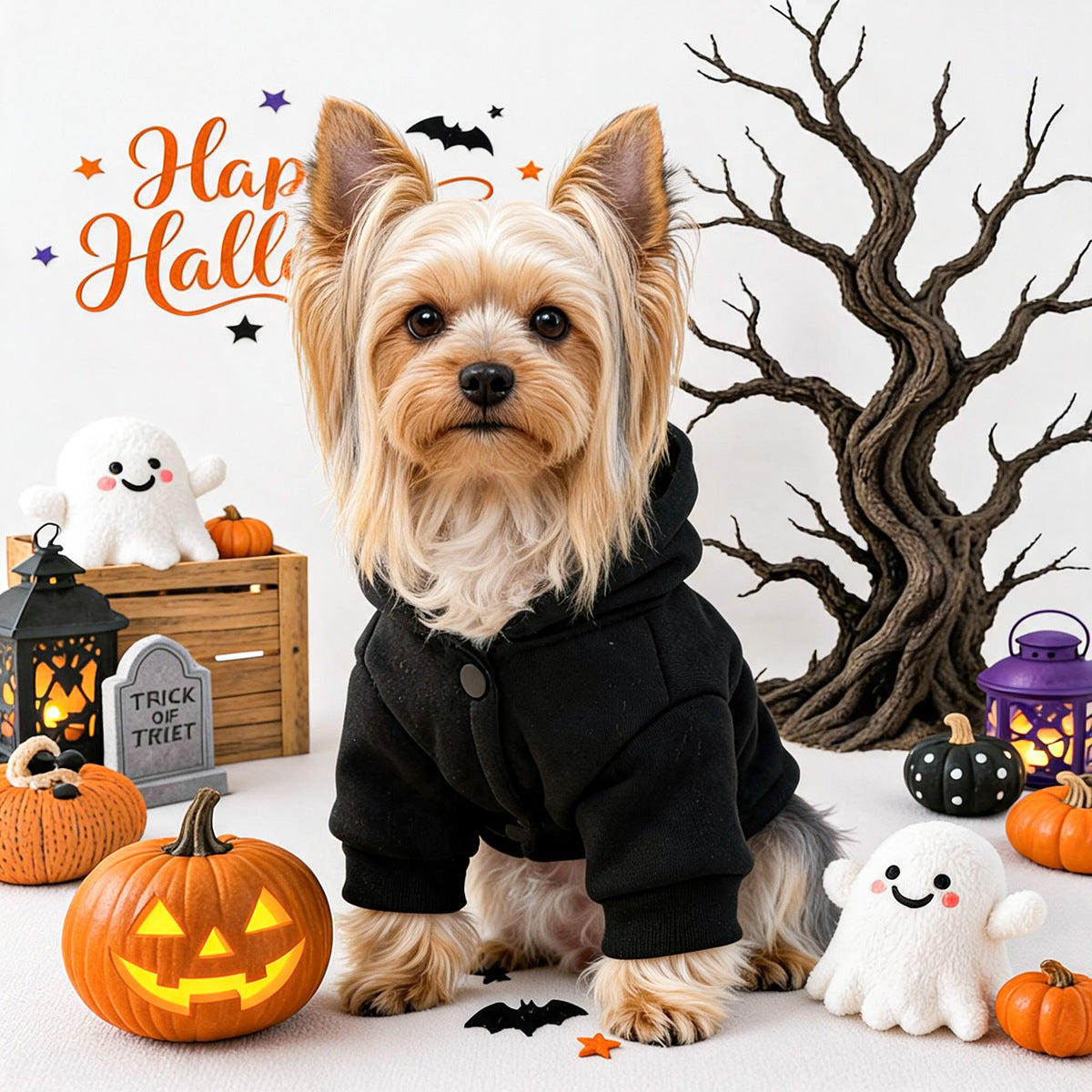 Halloween embroidered hoodie costume for small dogs and cats - black spooky design