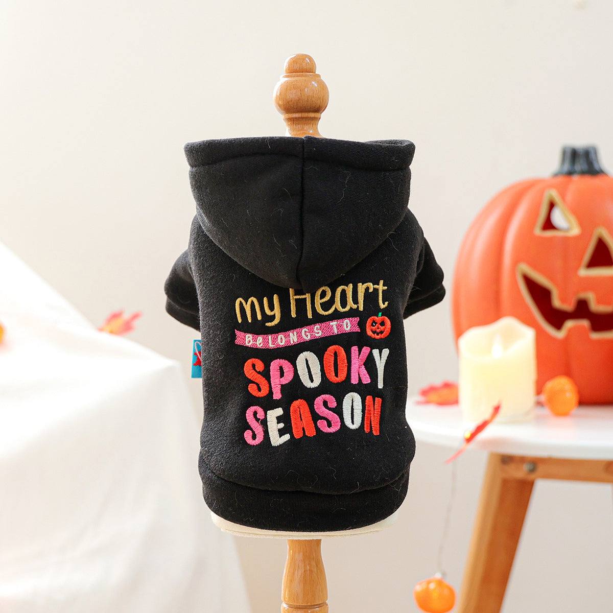 Halloween embroidered hoodie costume for small dogs and cats - black spooky design
