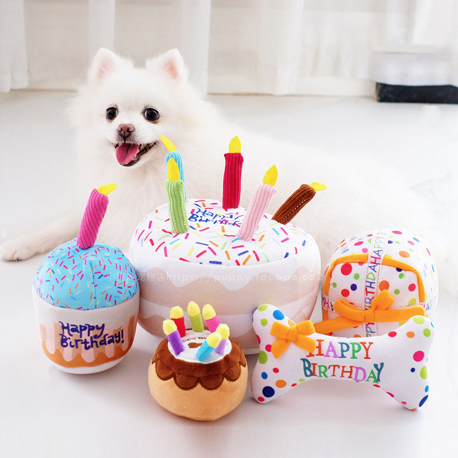 Happy Birthday Dog Plush Squeaky Toy | Birthday Cake, Cupcake, Gift Box & Bone