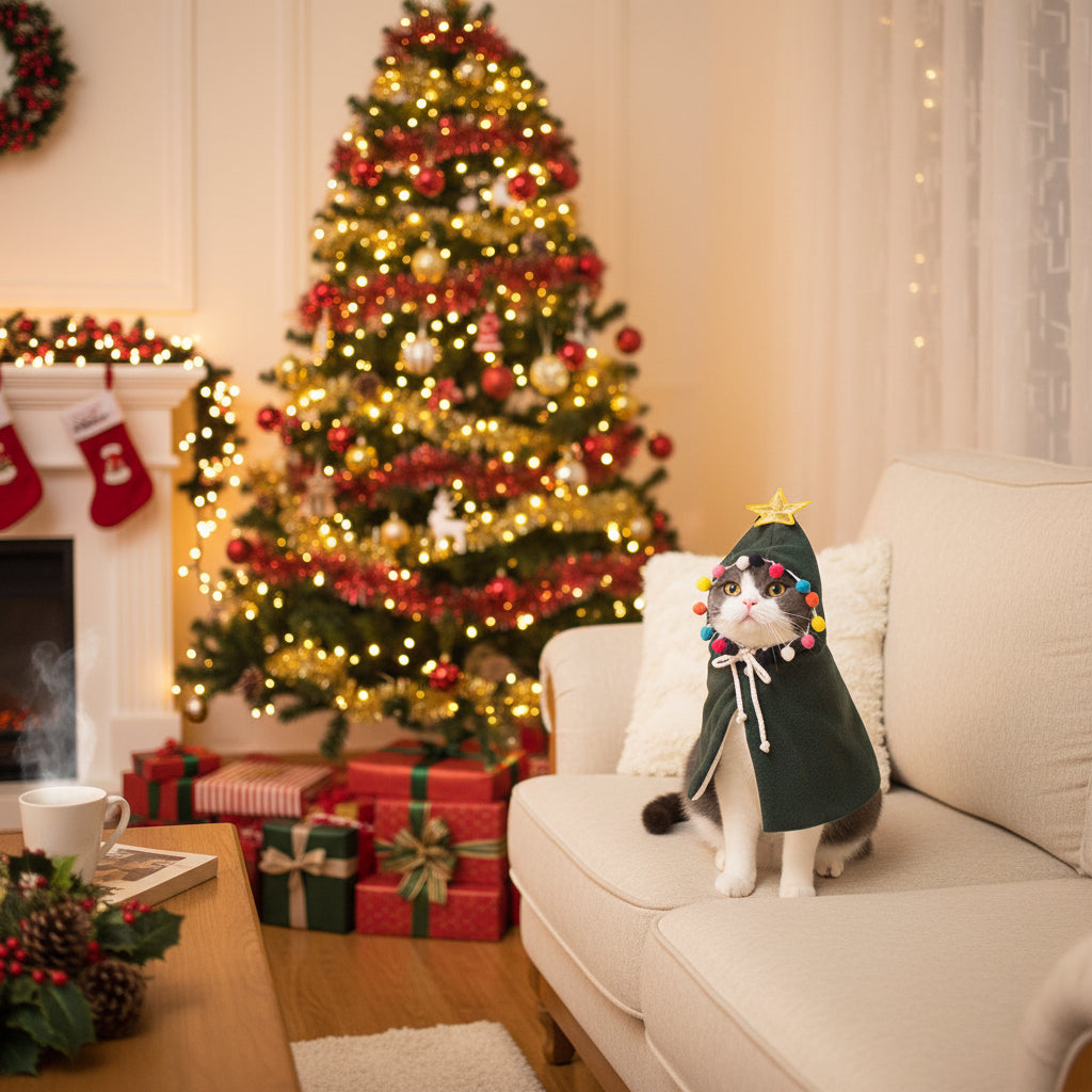 Cat wearing Christmas tree cape costume - festive holiday pet clothing