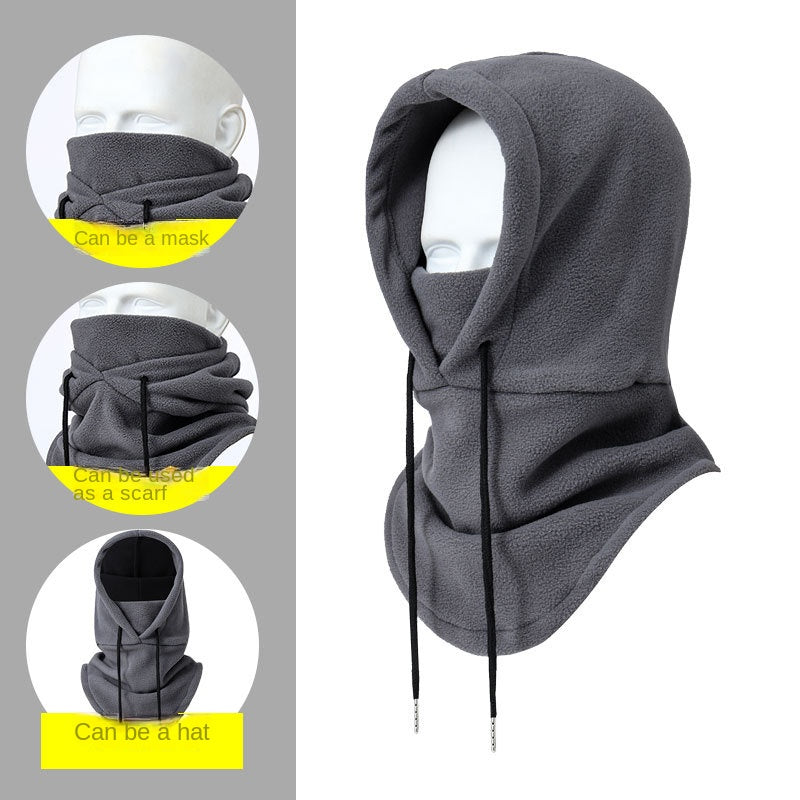 Polar fleece balaclava worn as ski hat, neck warmer, and face mask - collapsible winter outdoor accessory