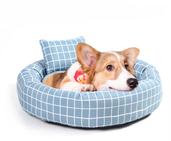 Cozy winter plaid round pet nest with pillow for cats and dogs - Blue 