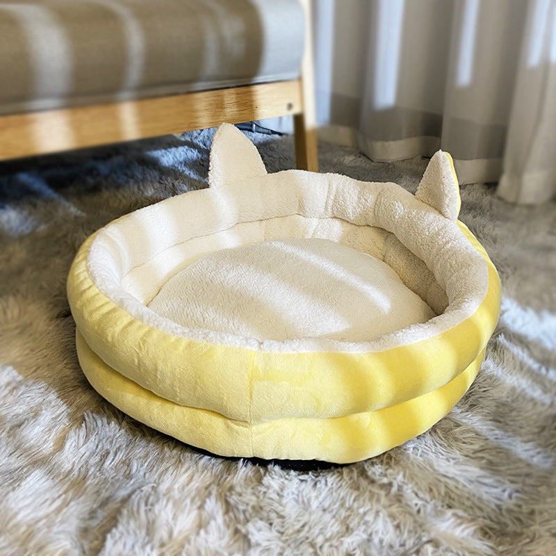 Four seasons washable pet kennel bed with removable pad -Cat Ears Yellow
