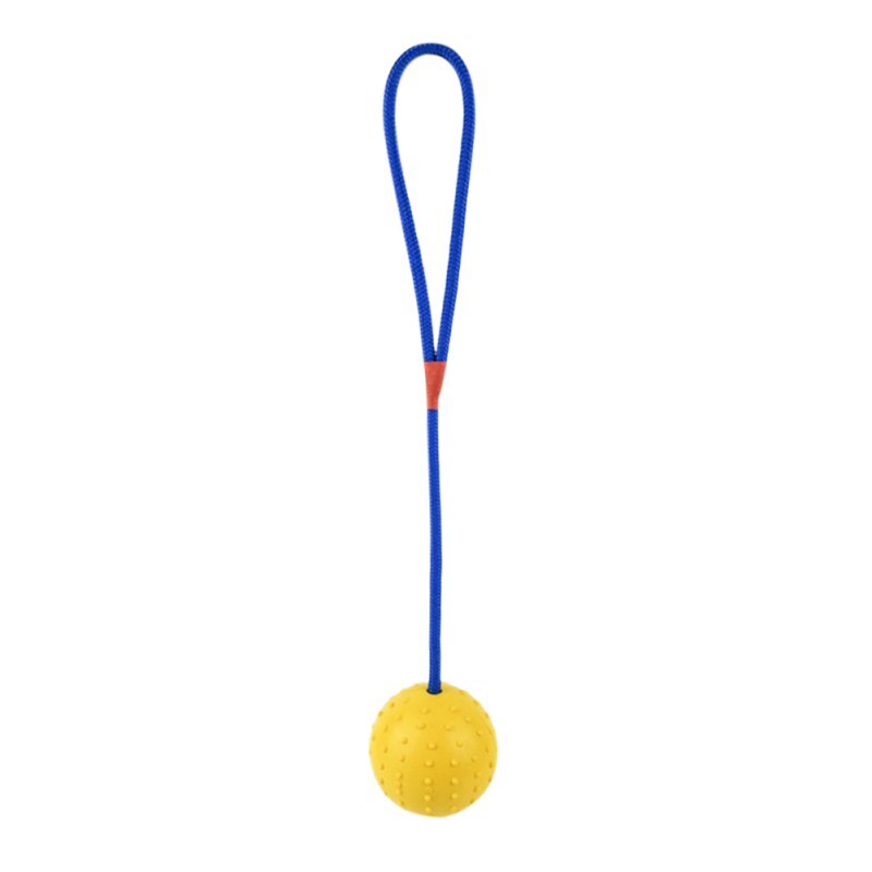 Natural rubber dog ball on rope for fetch and tug training - Yellow colour