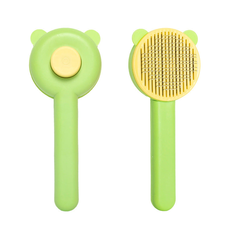 Self-cleaning bear-shaped pet grooming needle comb for cats and dogs - Green Yellow