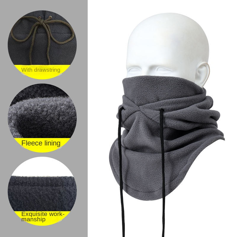 Polar fleece balaclava worn as ski hat, neck warmer, and face mask - collapsible winter outdoor accessory