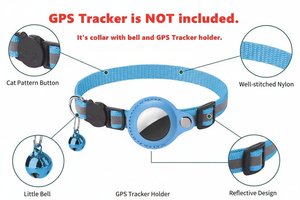 Reflective Cat Collar with GPS Tracker Holder & Bell – Breakaway Safety Collar