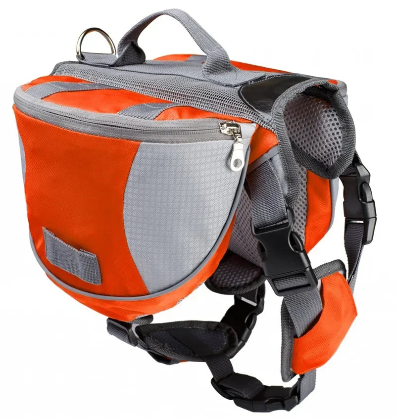 Orange and gray dog backpack on a white background