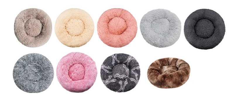 Colour chart showing the round pet bed in several shades and patterns