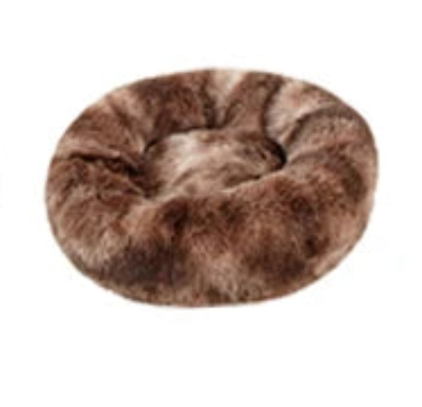 Brown patterned fluffy round pet bed viewed from above
