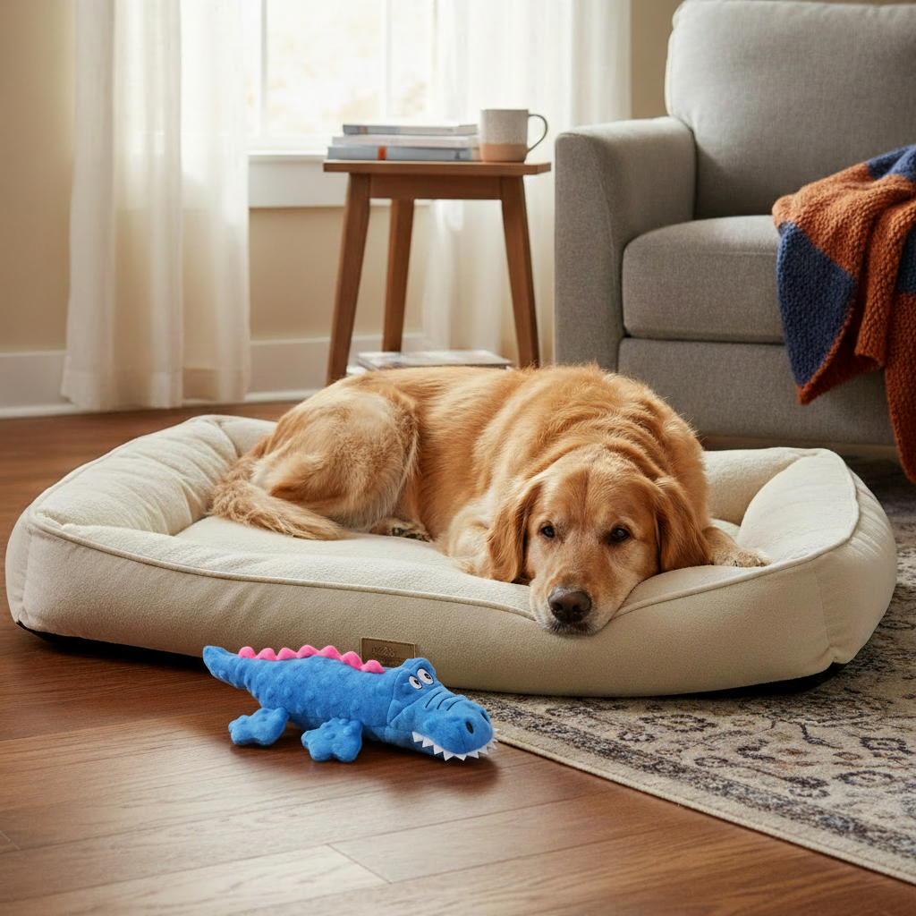 Dog on bed with blue crinkle gator toy