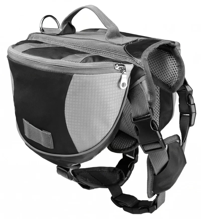 Black and gray dog harness backpack on a white background